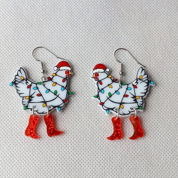 Cute Christmas Chicken Earrings, Chickens with Red Boots & Christmas Lights - Picture 3 of 5